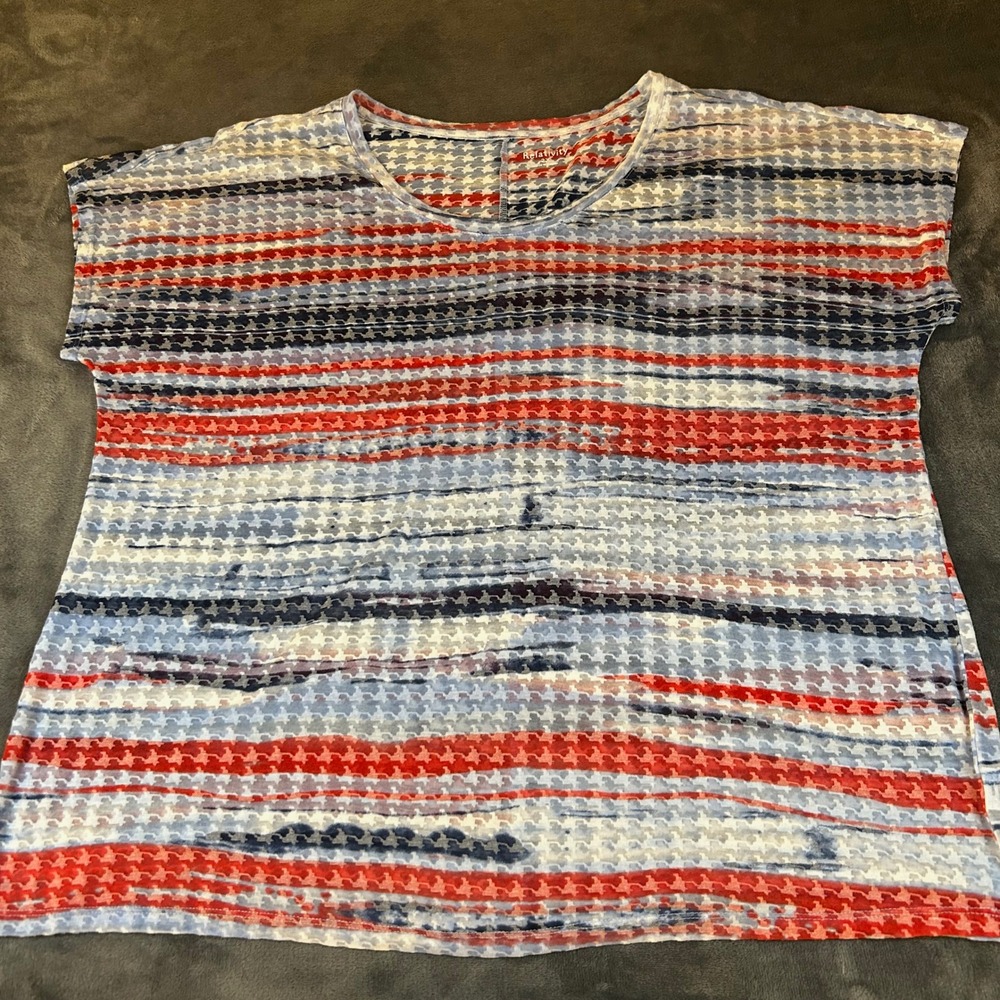 Relativity Top Striped Houndstooth Print Cap Sleeve Casual Blouse Womens size 2X